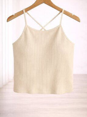LASLULU Ribbed Crop Tank Size Large | Cream Neutral | Strappy Back